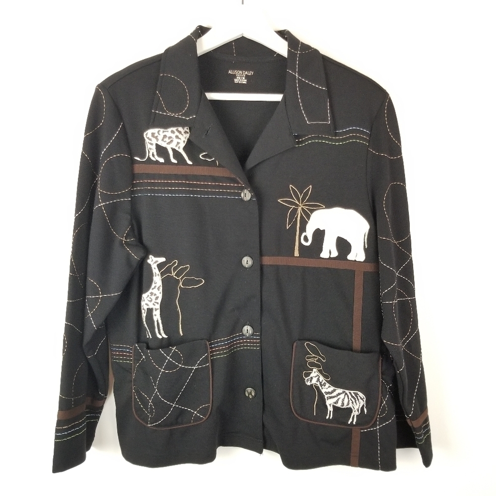 Allison Daley Petite Medium Black Embroidered‎ Animals Jersey Knit Blazer Jacket